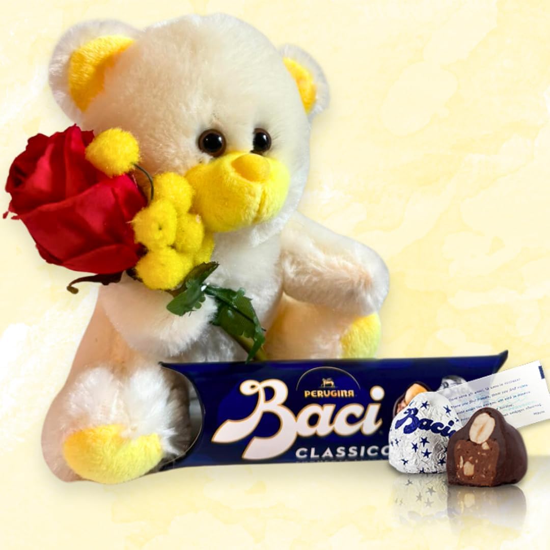 NARAMAKI® Idea Regalo Uomo Donna - Orsacchiotto Giallo + Rametto Mimosa + Rosa Artificiale + Baci Perugina 37,5gr | Regalo Compleanno