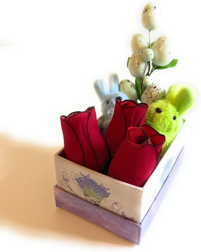Idee Regalo San Valentino - Festa Della Donna - Scatolina Regalo + Ramo Di Uova Pasquali Artificiali 22cm + 2 Coniglietti Peluche Azzurro e Verde 7cm + Rose Di Velluto