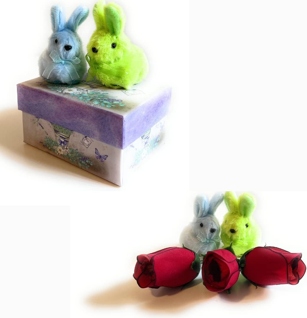 Idee Regalo San Valentino - Festa Della Donna - Scatolina Regalo + Ramo Di Uova Pasquali Artificiali 22cm + 2 Coniglietti Peluche Azzurro e Verde 7cm + Rose Di Velluto