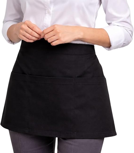 Grembiule Corto da Barista/cameriere Professionale, Nero, con 3 Tasche, 57x35 cm, per Camerieri e Ristoranti