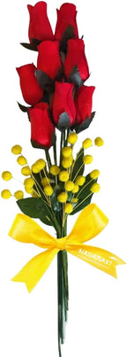 NARAMAKI Idea Regalo Uomo e Donna Bouquet di Rose - 8 Boccioli Rossi Con Petali Legno + 2 Mimose Artificiali - Regalo Compleanno/Laurea (BOUQUET)