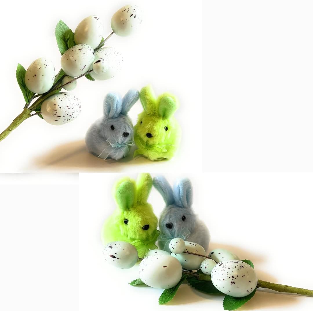 Idee Regalo San Valentino - Festa Della Donna - Scatolina Regalo + Ramo Di Uova Pasquali Artificiali 22cm + 2 Coniglietti Peluche Azzurro e Verde 7cm + Rose Di Velluto