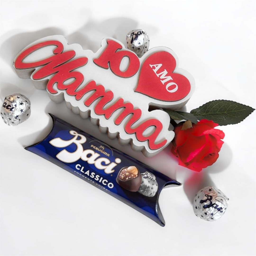 Baci Perugina Regalo Festa Della Mamma 2025 - Baci Perugina 37,5gr + Scritta in Legno Mamma 18cm + Rosa Rossa Artificiale - Idea Regalo Per Lei