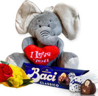 Idea Regalo Fidanzata e Fidanzato - Peluche Elefante 15cm + 37,5gr Baci Perugina + Rosa Rossa + Bouquet di Mimosa - Regalo Uomo|Donna