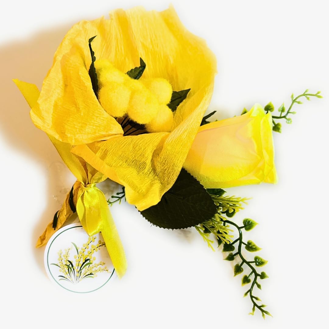 NARAMAKI Idee Regalo Festa della Donna- Mazzetto di Mimose Artificiali + Rosa Artificiale Gialla| Confezione Regalo - Mini Bouquet 8 Marzo | Festa della Donna Gadget Mimosa