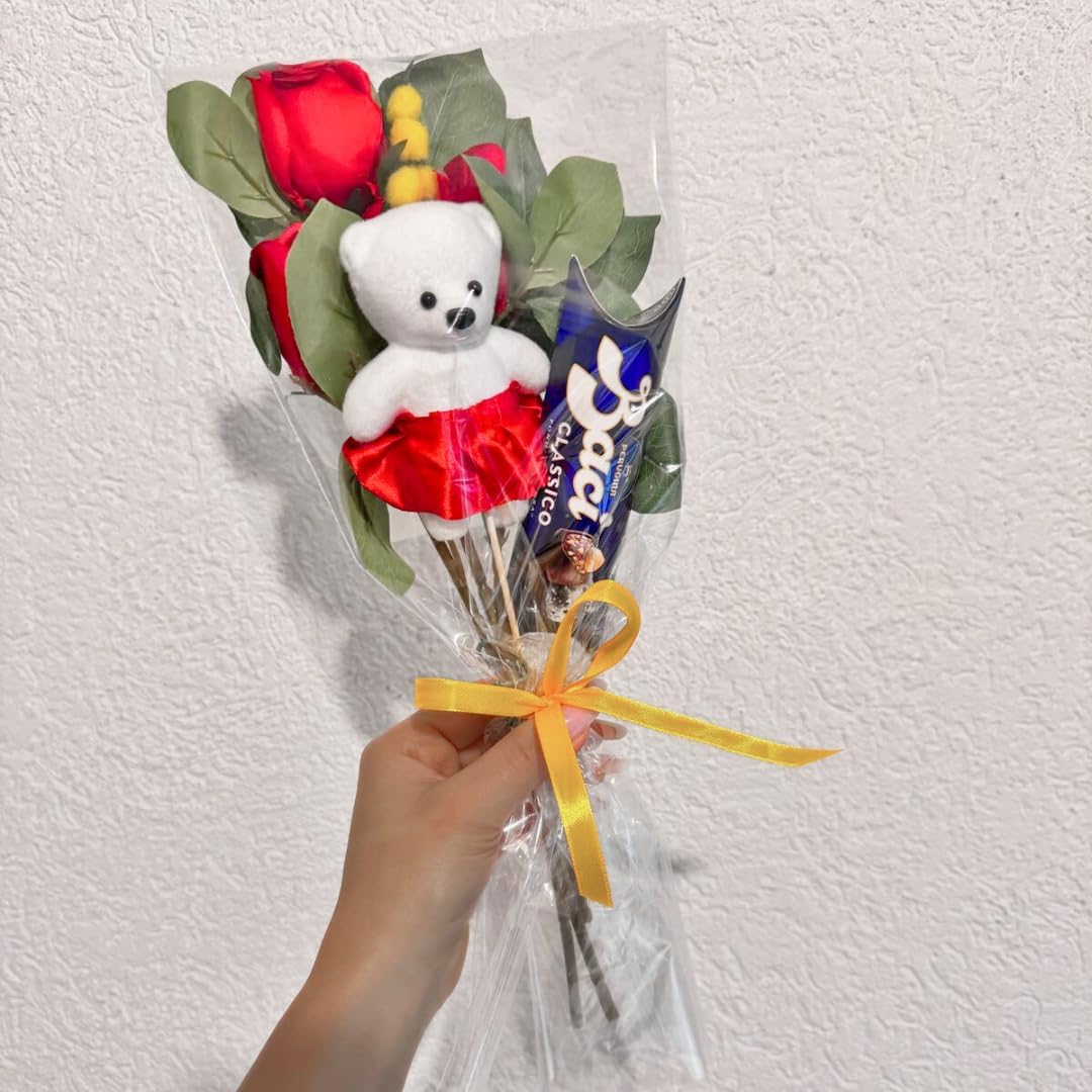 Baci Perugina Regalo Donna - Baci Perugina Tubo 37,5g + 3 Rose Rosse Artificiale + Decorazione Orsetto Polistirolo + Rametto di Mimosa-Compleanno