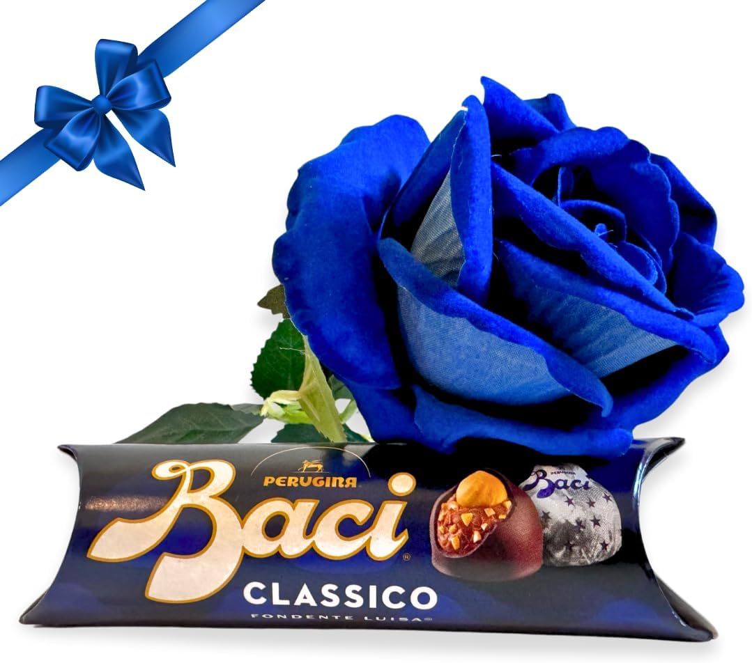 NARAMAKI Baci Perugina Regalo Festa della Mamma 2025 - Bouquet con Baci Perugina 37,5g + Rosa Eterna Blu Velluto a Gambo Lungo