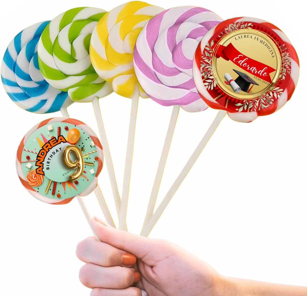 Lecca Lecca Personalizzati - Spirale alla Frutta Personalizzabili - Adesivo -Eventi, Matrimonio, Compleanno, Comunione,Battesimo