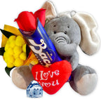 Idea Regalo Fidanzata e Fidanzato - Peluche Elefante 15cm + 37,5gr Baci Perugina + Rosa Rossa + Bouquet di Mimosa - Regalo Uomo|Donna