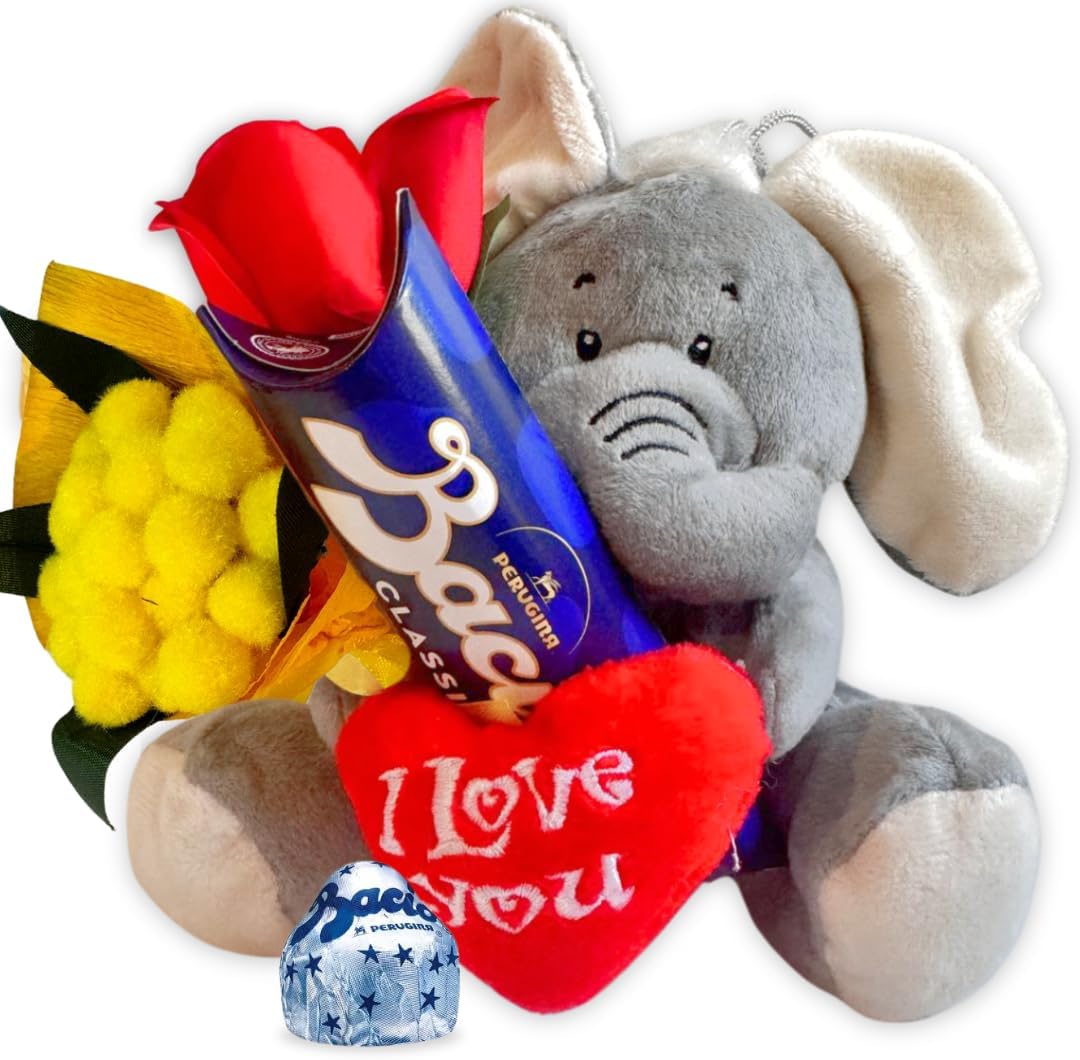 Idea Regalo Fidanzata e Fidanzato - Peluche Elefante 15cm + 37,5gr Baci Perugina + Rosa Rossa + Bouquet di Mimosa - Regalo Uomo|Donna
