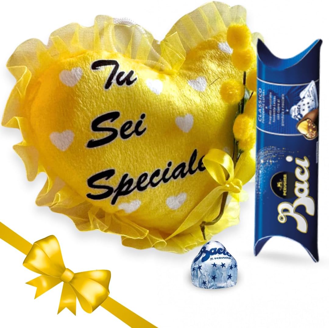 Idea Regalo Maestre - Cuscino a Cuore "Tu Sei Speciale" 16cm + Ramo Mimosa + 37,5gr Baci Perugina - Regalo Uomo|Donna|Mamma