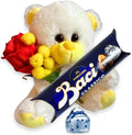 NARAMAKI® Idea Regalo Uomo Donna - Orsacchiotto Giallo + Rametto Mimosa + Rosa Artificiale + Baci Perugina 37,5gr | Regalo Compleanno