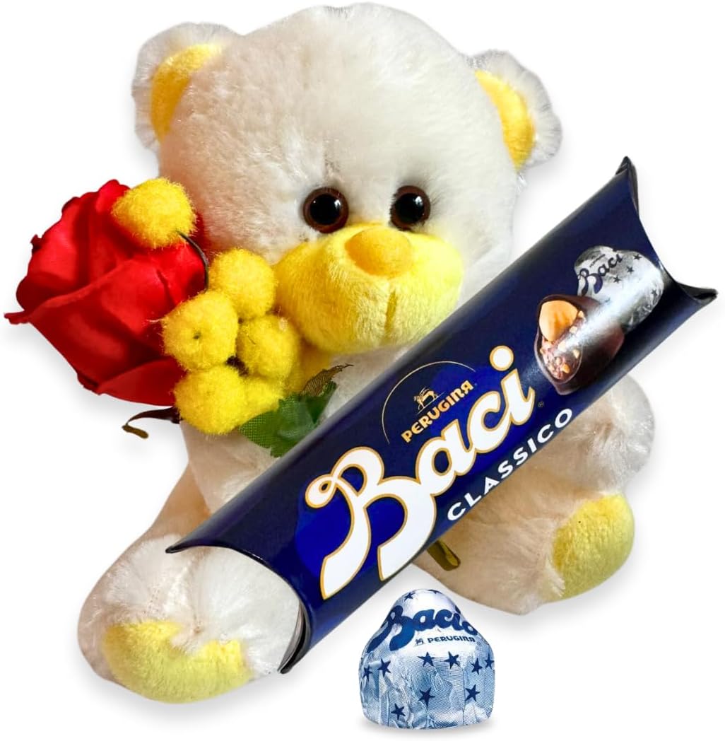 NARAMAKI® Idea Regalo Uomo Donna - Orsacchiotto Giallo + Rametto Mimosa + Rosa Artificiale + Baci Perugina 37,5gr | Regalo Compleanno