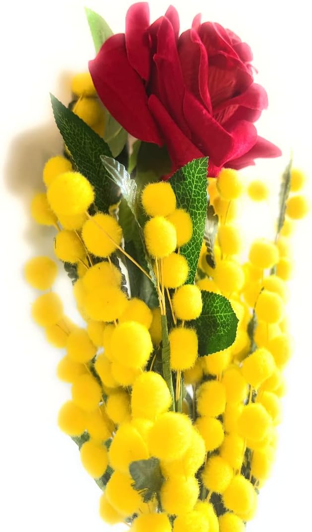 NARAMAKI Idea Regalo-1 Bouquet Mimose Con Rosa Vellutata - Rosa Eterna Sbocciata Di Velluto Gambo Lungo + Mimose Artificiali Gambo Lungo