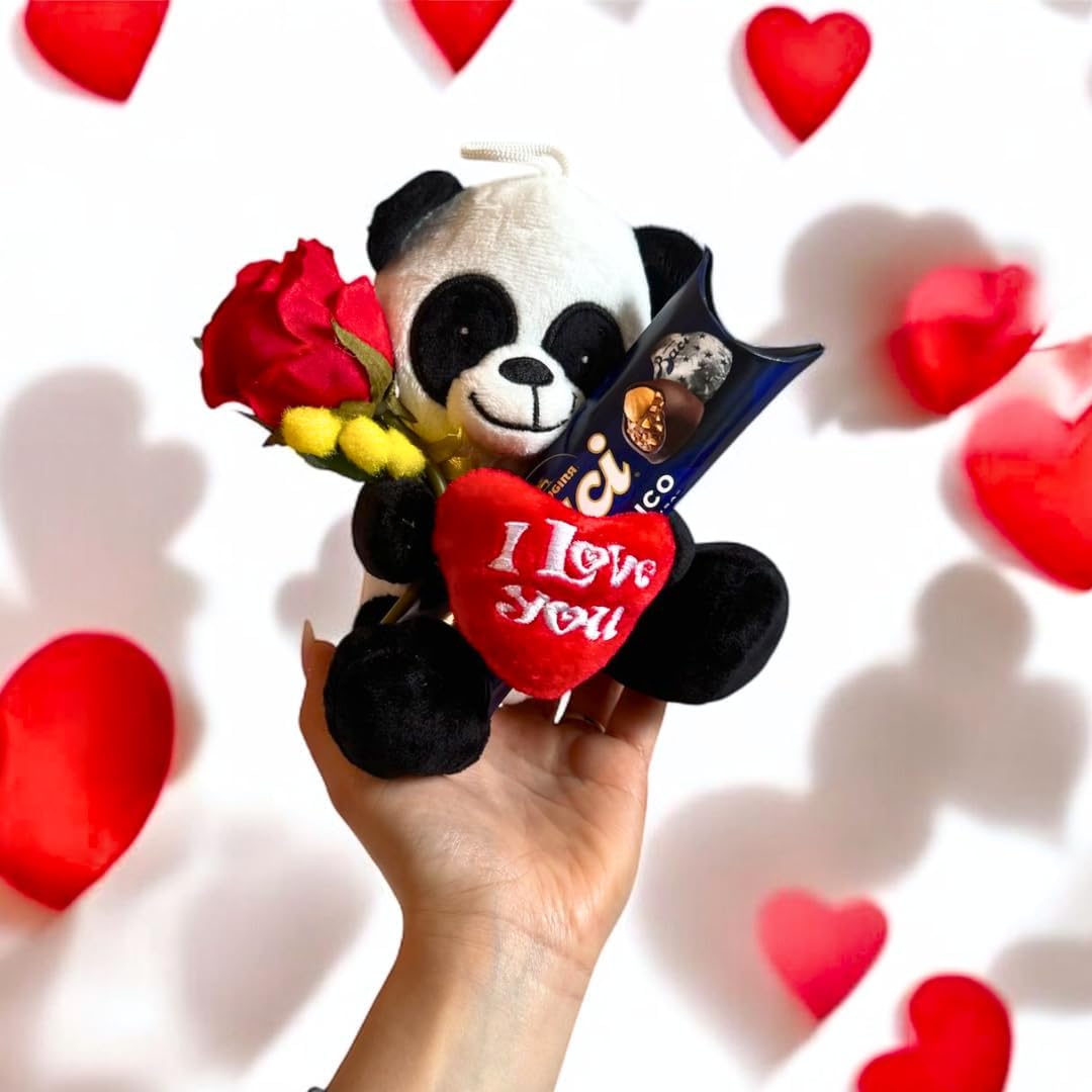 dea Regalo Maestre - 37,5gr Baci Perugina + Peluche Panda 15cm + Ramo di Mimosa con Rosa Rossa Artificiale | Pasqua 2025 (CLASSICO TUBINO)