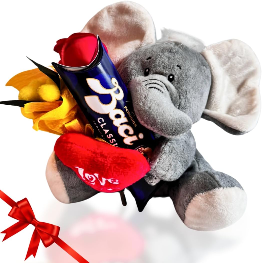 Idea Regalo Fidanzata e Fidanzato - Peluche Elefante 15cm + 37,5gr Baci Perugina + Rosa Rossa + Bouquet di Mimosa - Regalo Uomo|Donna
