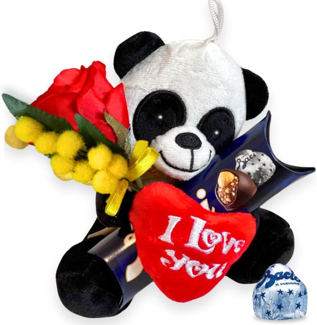 dea Regalo Maestre - 37,5gr Baci Perugina + Peluche Panda 15cm + Ramo di Mimosa con Rosa Rossa Artificiale | Pasqua 2025 (CLASSICO TUBINO)