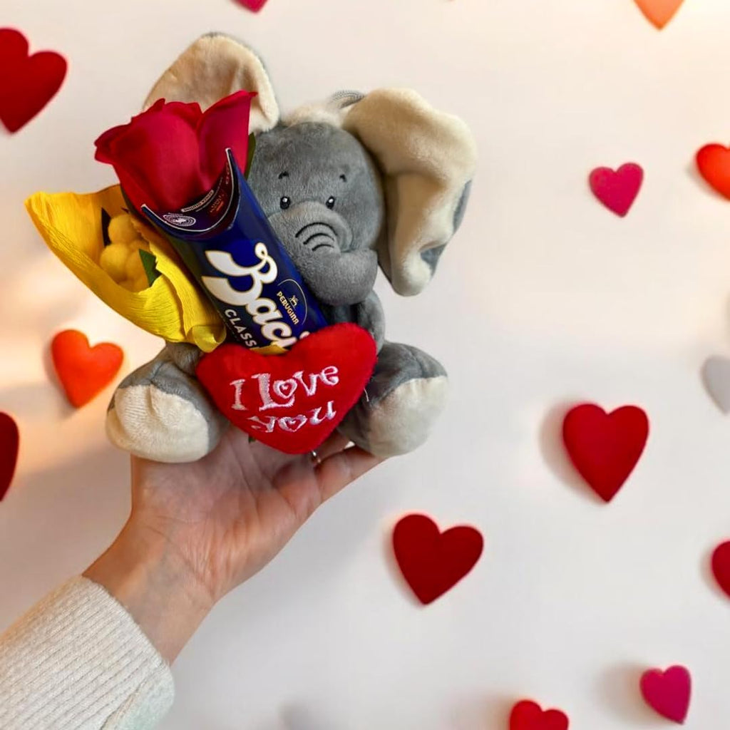 Idea Regalo Fidanzata e Fidanzato - Peluche Elefante 15cm + 37,5gr Baci Perugina + Rosa Rossa + Bouquet di Mimosa - Regalo Uomo|Donna