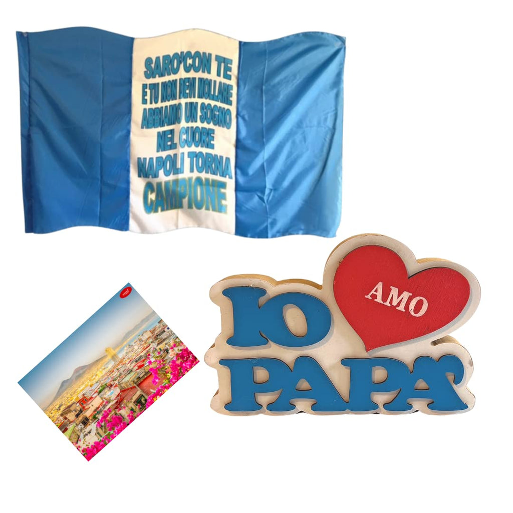 Idee Regalo Tifoso del Napoli - Decorazione Legno Papà 18cm + Bandiera Napoli 90x150cm( Sarò con Te) + Cartolina Napoli in Omaggio by NARAMAKI