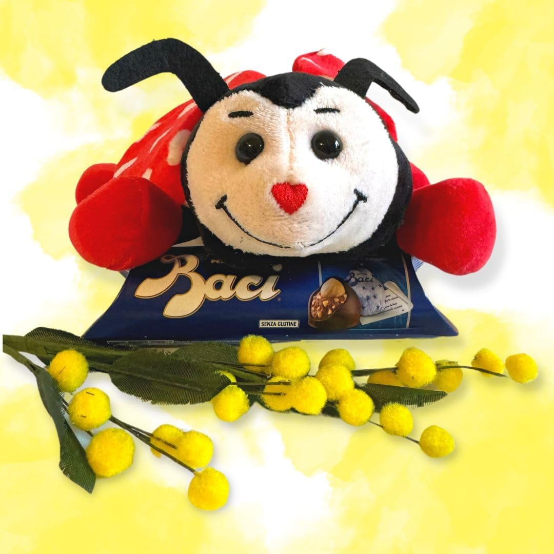Baci Perugina Idea Regalo Festa della Mamma 2025|Festa del Papà|Pasqua|- Ramo Di Mimose Artificiali + Baci Perugina 37,5g + Peluche Coccinella