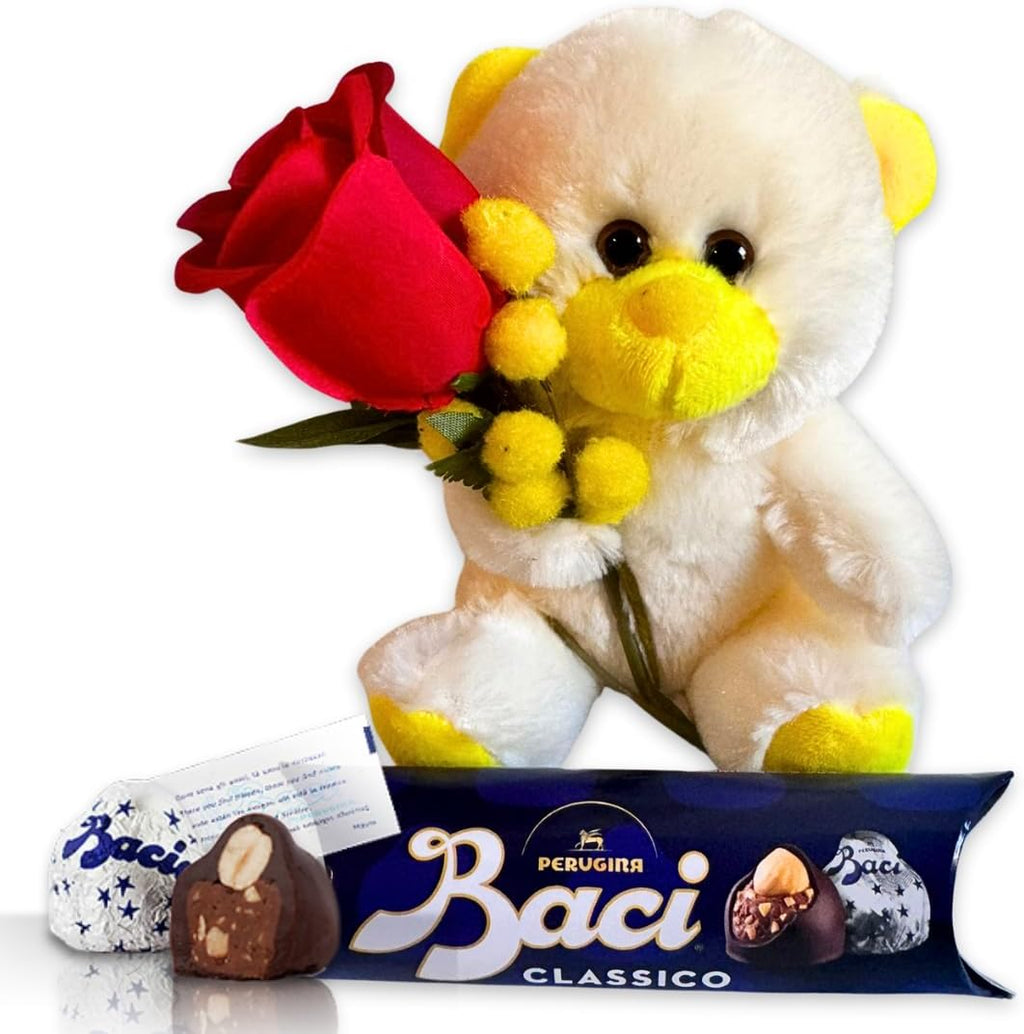 Idea Regalo Maestre - Peluche "Occhi Dolci" Giallo Vivace 16cm + 37,5gr Baci Perugina + Rosa Rossa- Regalo Uomo e Donna