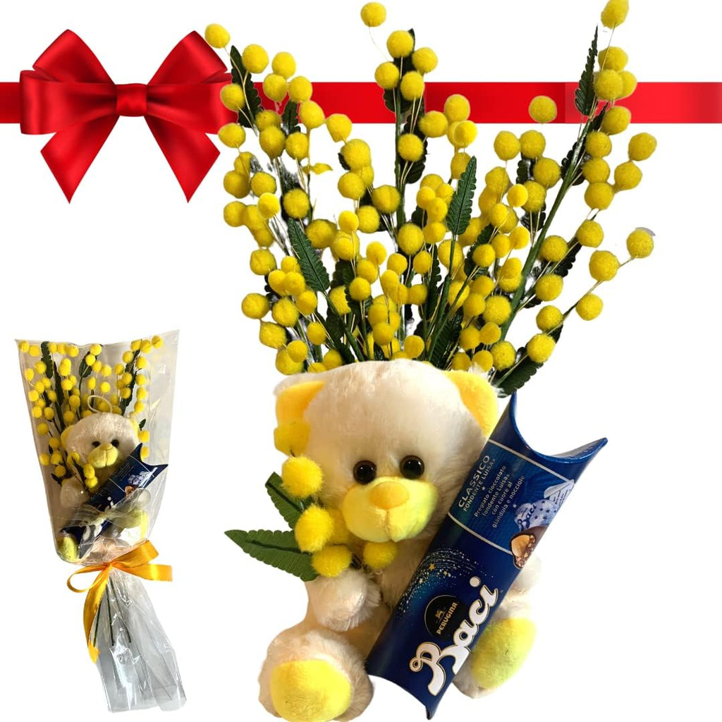 NARAMAKI Idea Regalo- Peluche Mimosa 16cm + Baci Perugina 37,5gr + Rami Mimose - Regalo per Lei (PELUCHE + MIMOSE)