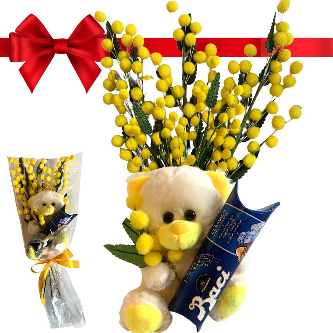 NARAMAKI Idea Regalo- Peluche Mimosa 16cm + Baci Perugina 37,5gr + Rami Mimose - Regalo per Lei (PELUCHE + MIMOSE)