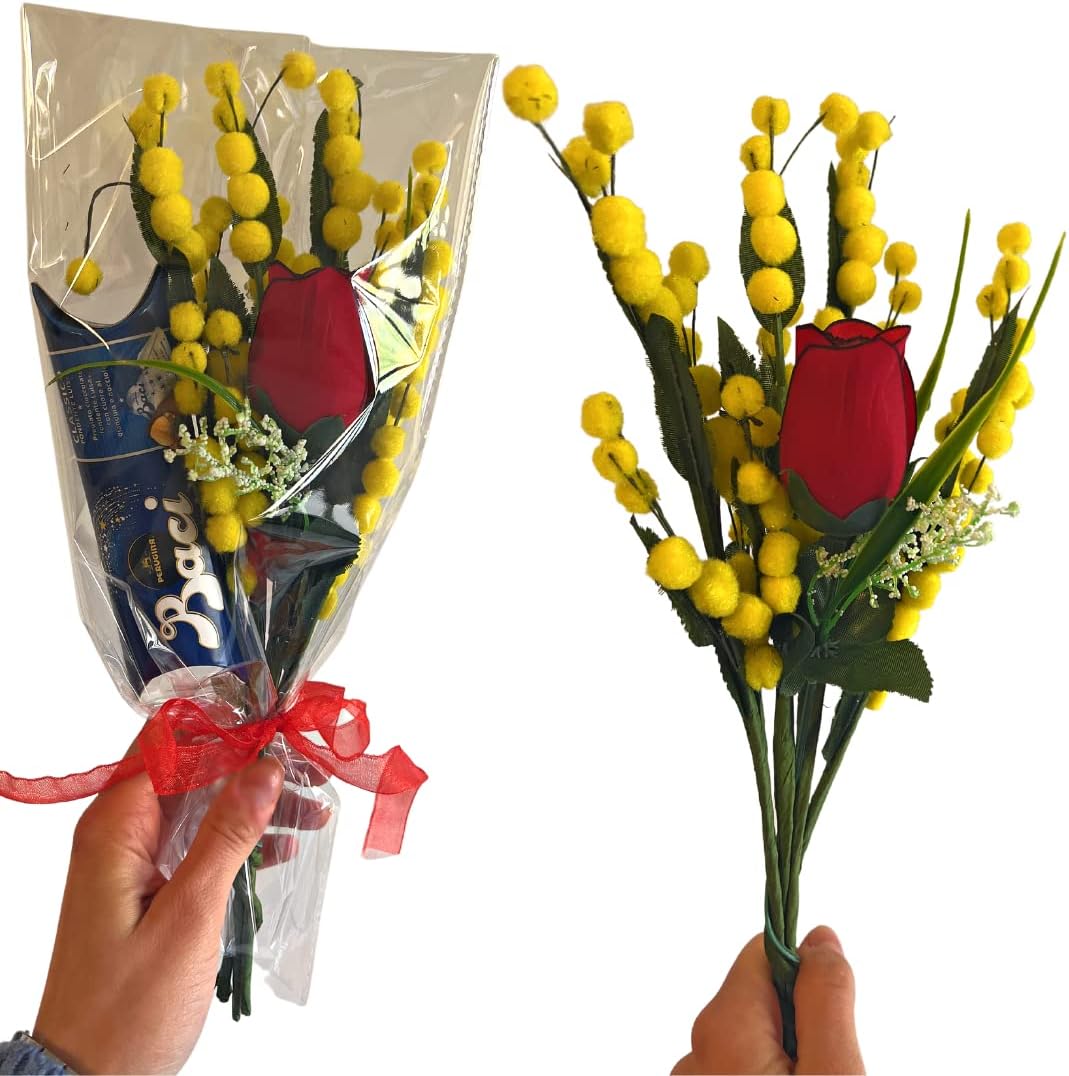 Baci Perugina Idea Regalo Festa della Mamma - Bouquet Mimose Artificiali + Rosa Rossa + Tubino Perugina 37,5gr -