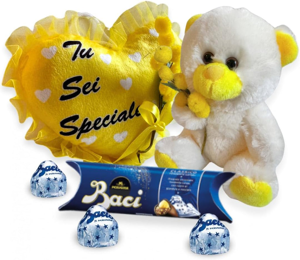 NARAMAKI® Idea Regalo Maestra - Peluche Orsacchiotto Con Mimosa Finta + Baci Perugina 37,5 + Cuscino Personalizzato a Cuore "Sei Speciale"- Regalo Mamma|Uomo|Donna