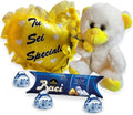NARAMAKI® Idea Regalo Maestra - Peluche Orsacchiotto Con Mimosa Finta + Baci Perugina 37,5 + Cuscino Personalizzato a Cuore "Sei Speciale"- Regalo Mamma|Uomo|Donna