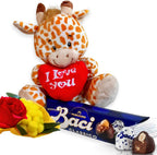 Idea Regalo Maestre - Peluche Giraffa15cm + 37,5gr Baci Perugina + Rosa Rossa + Bouquet di Mimosa - Regalo Uomo|Donna|Mamma