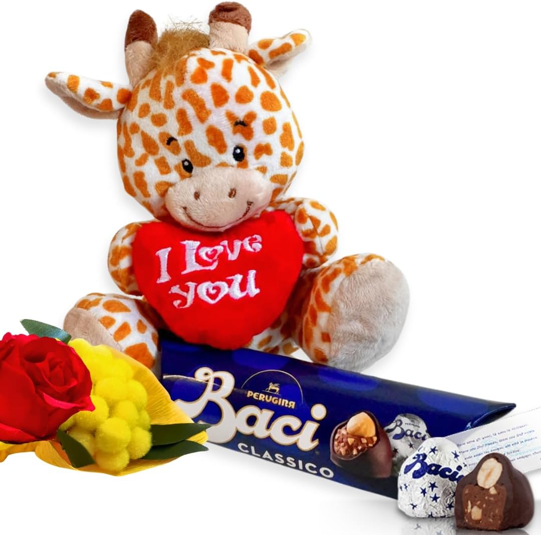 Idea Regalo Maestre - Peluche Giraffa15cm + 37,5gr Baci Perugina + Rosa Rossa + Bouquet di Mimosa - Regalo Uomo|Donna|Mamma
