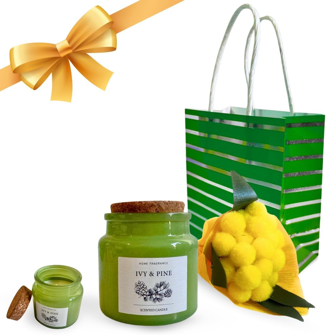 NARAMAKI® Idea Regalo per la Donna - Sacchetto Regalo con Candela Profumata per Ambienti in Vaso di Vetro + Bouquet - Regalini Fine Festa - Aromi| Essenze -Compleanno|Amica|Nonna|Mamma