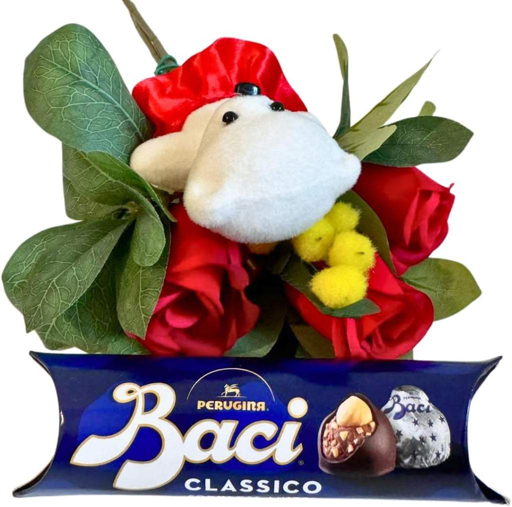 Baci Perugina Regalo Donna - Baci Perugina Tubo 37,5g + 3 Rose Rosse Artificiale + Decorazione Orsetto Polistirolo + Rametto di Mimosa-Compleanno