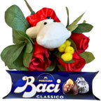 Baci Perugina Regalo Donna - Baci Perugina Tubo 37,5g + 3 Rose Rosse Artificiale + Decorazione Orsetto Polistirolo + Rametto di Mimosa-Compleanno