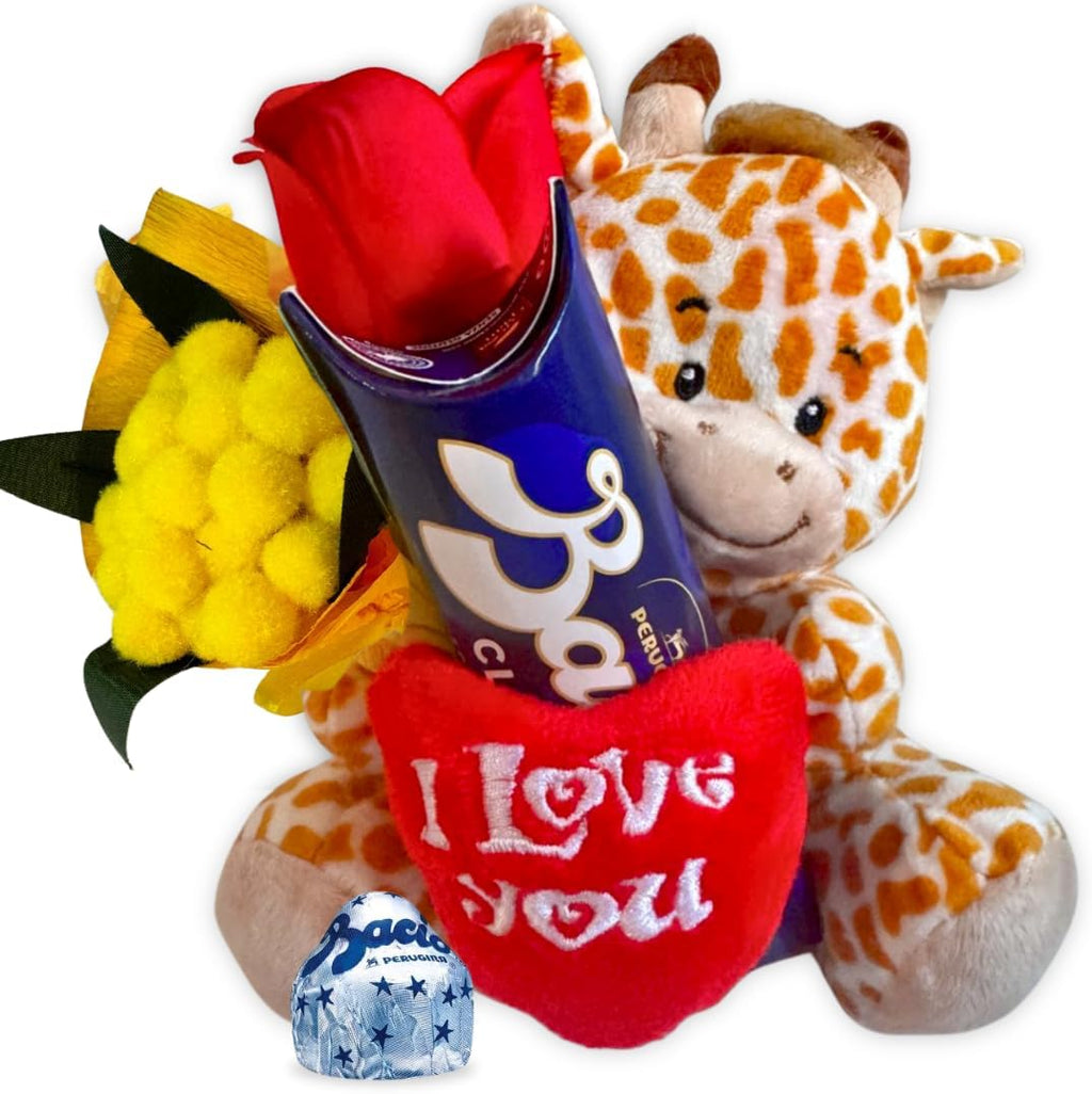 Idea Regalo Maestre - Peluche Giraffa15cm + 37,5gr Baci Perugina + Rosa Rossa + Bouquet di Mimosa - Regalo Uomo|Donna|Mamma