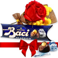 NARAMAKI® Idea Regalo Maestre - 37,5g Cioccolatini Baci Perugina + Rosa Rossa Artificiale + Bouquet di Mimosa Avvolto da Juta | Regalo Amica