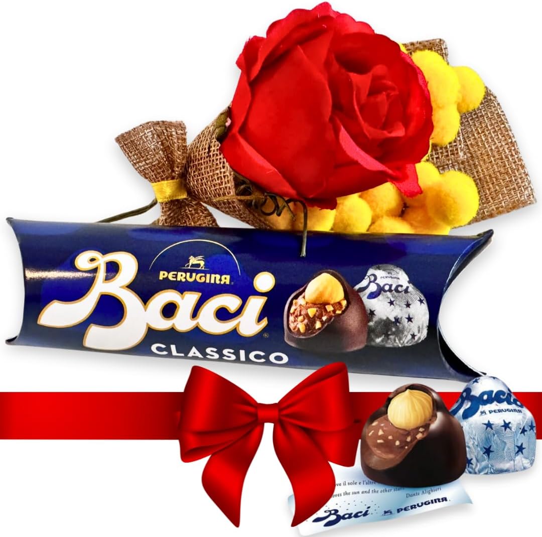 NARAMAKI® Idea Regalo Maestre - 37,5g Cioccolatini Baci Perugina + Rosa Rossa Artificiale + Bouquet di Mimosa Avvolto da Juta | Regalo Amica