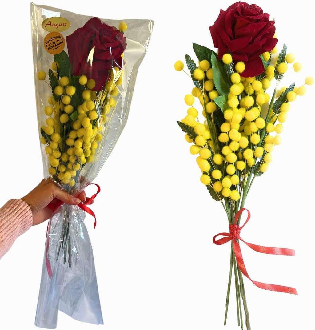NARAMAKI Idea Regalo-1 Bouquet Mimose Con Rosa Vellutata - Rosa Eterna Sbocciata Di Velluto Gambo Lungo + Mimose Artificiali Gambo Lungo