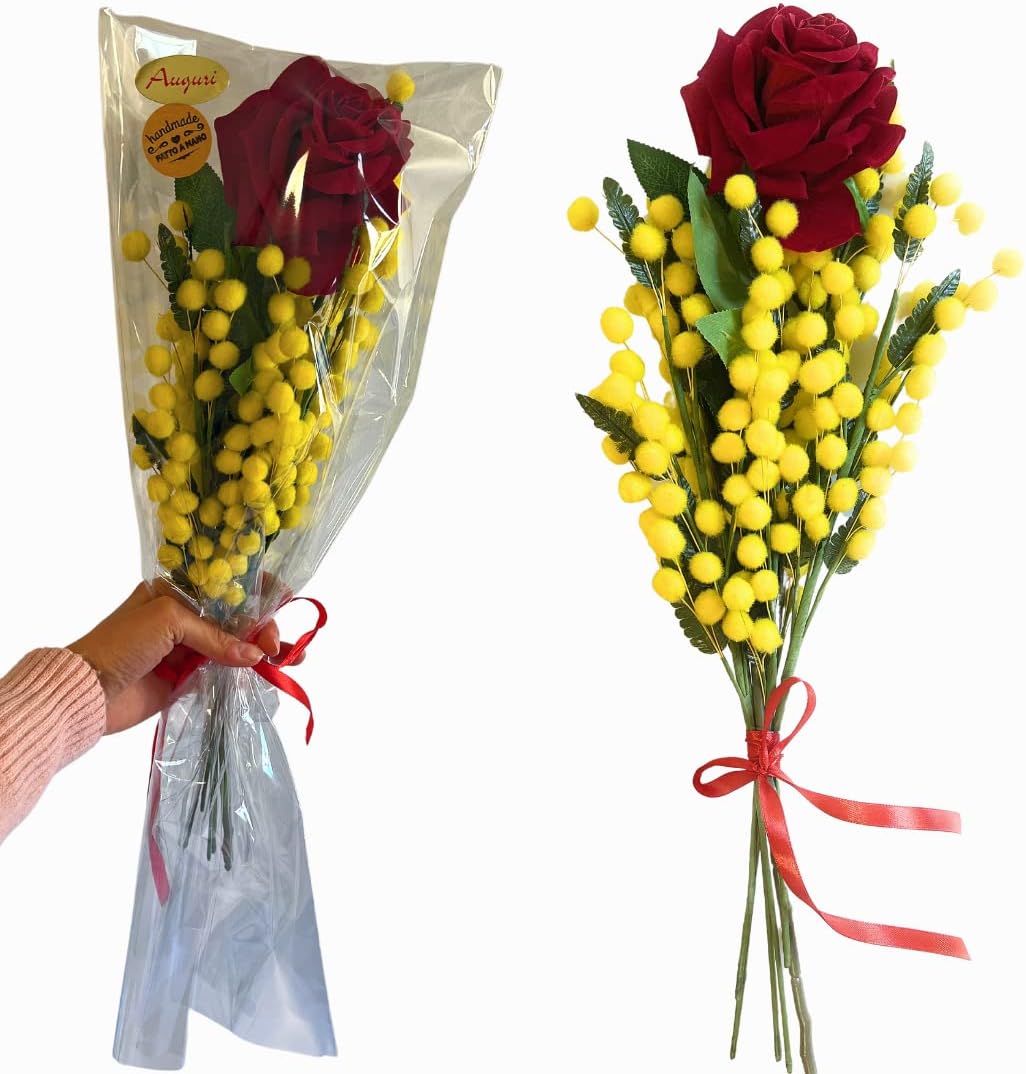 NARAMAKI Idea Regalo-1 Bouquet Mimose Con Rosa Vellutata - Rosa Eterna Sbocciata Di Velluto Gambo Lungo + Mimose Artificiali Gambo Lungo