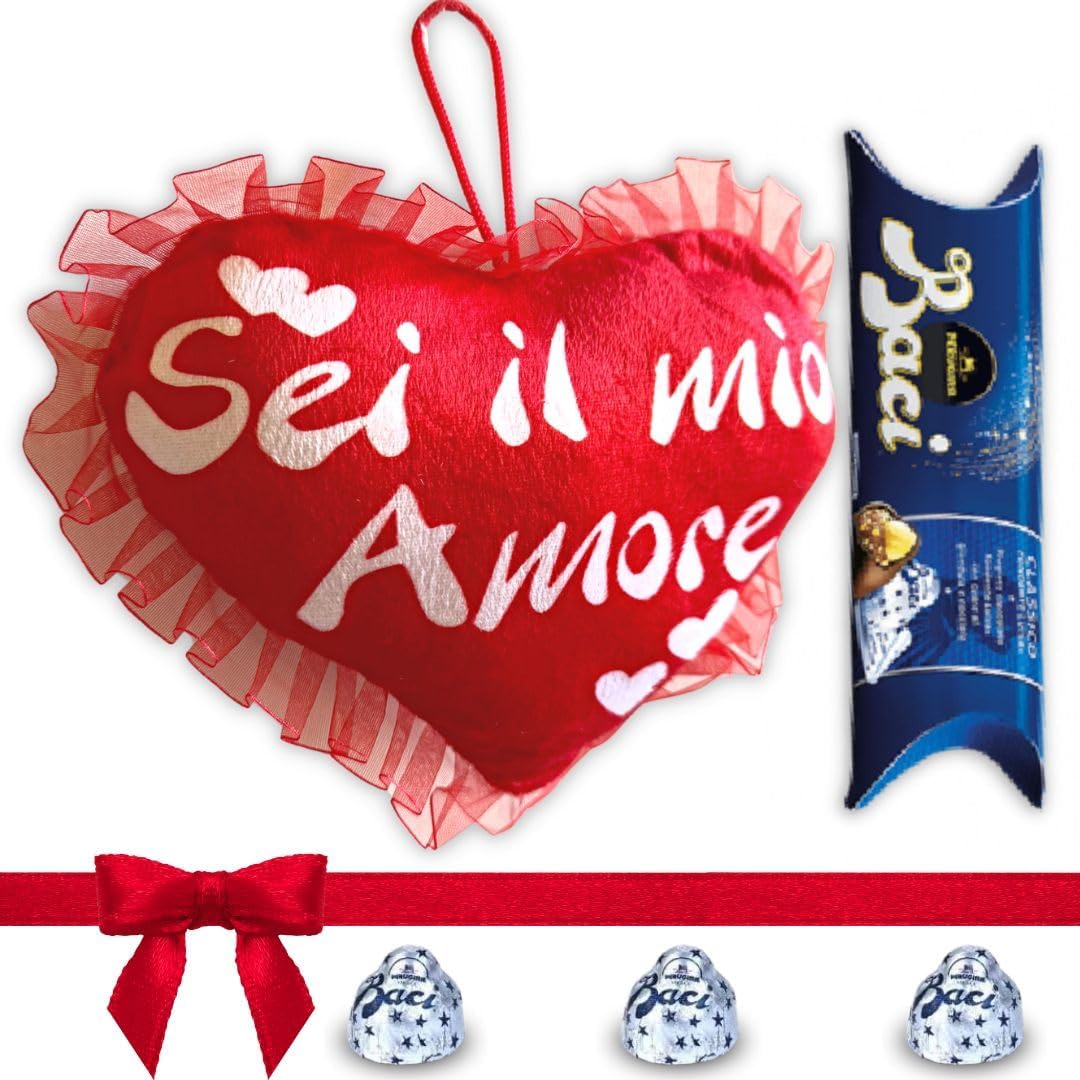 Baci Perugina Regalo Fidanzata - Fidanzato - Cuscino a Cuore Personalizzato con Scritta "Sei il mio amore" + 37,5gr Cioccolatini Baci Perugina - Regalo Uomo|Donna