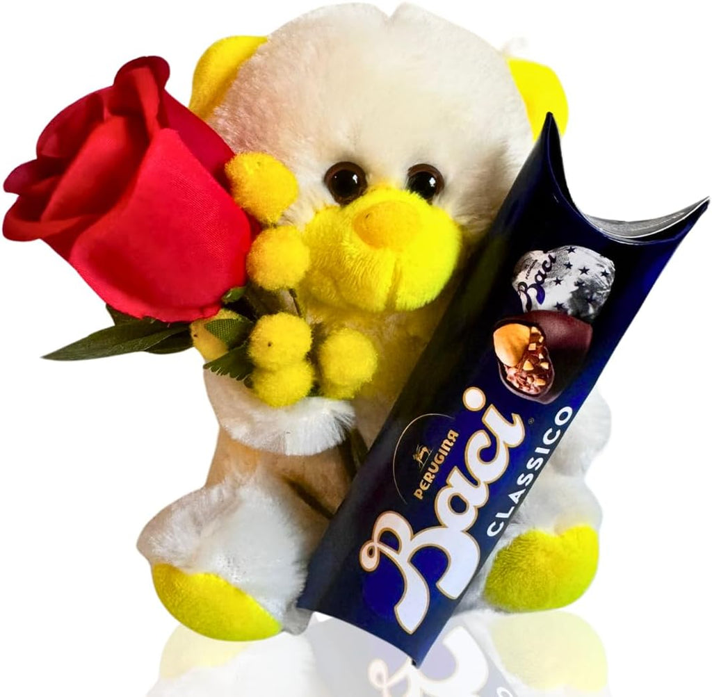 Idea Regalo Maestre - Peluche "Occhi Dolci" Giallo Vivace 16cm + 37,5gr Baci Perugina + Rosa Rossa- Regalo Uomo e Donna