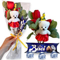 Baci Perugina Regalo Donna - Baci Perugina Tubo 37,5g + 3 Rose Rosse Artificiale + Decorazione Orsetto Polistirolo + Rametto di Mimosa-Compleanno