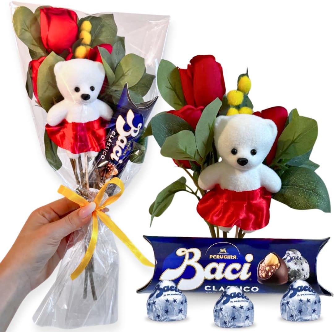 Baci Perugina Regalo Donna - Baci Perugina Tubo 37,5g + 3 Rose Rosse Artificiale + Decorazione Orsetto Polistirolo + Rametto di Mimosa-Compleanno