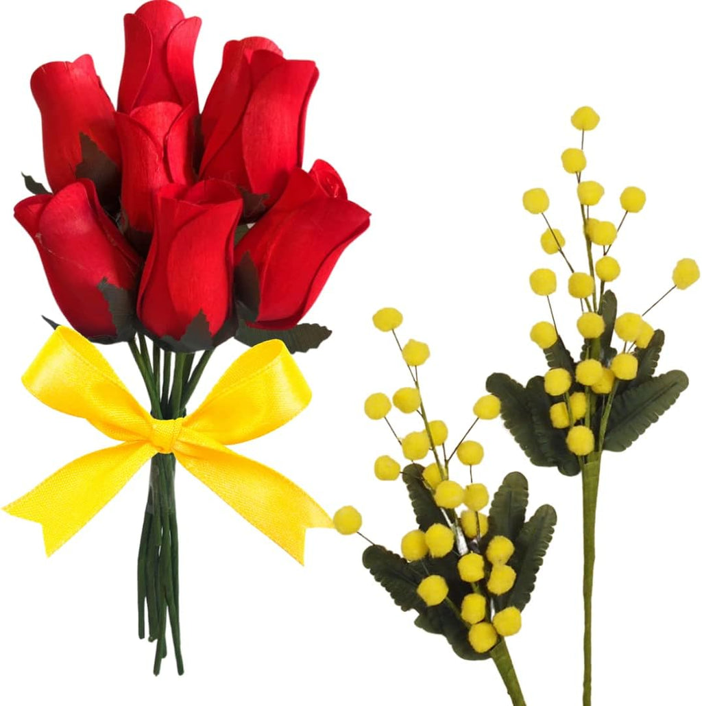 NARAMAKI Idea Regalo Uomo e Donna Bouquet di Rose - 8 Boccioli Rossi Con Petali Legno + 2 Mimose Artificiali - Regalo Compleanno/Laurea (BOUQUET)