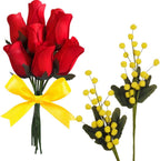 NARAMAKI Idea Regalo Uomo e Donna Bouquet di Rose - 8 Boccioli Rossi Con Petali Legno + 2 Mimose Artificiali - Regalo Compleanno/Laurea (BOUQUET)