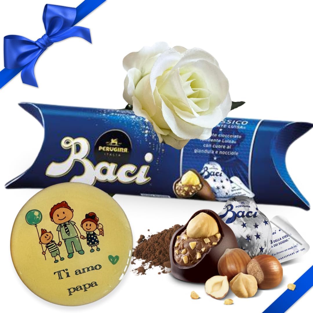 NARAMAKI® Baci Perugina Regalo Pasqua 2025-37,5gr Baci Perugina Classico + Calamita "Ti amo Papà" 7 cm + Rosa Bianca Artificiale- Regalo Uomo|Papà|Compleanno