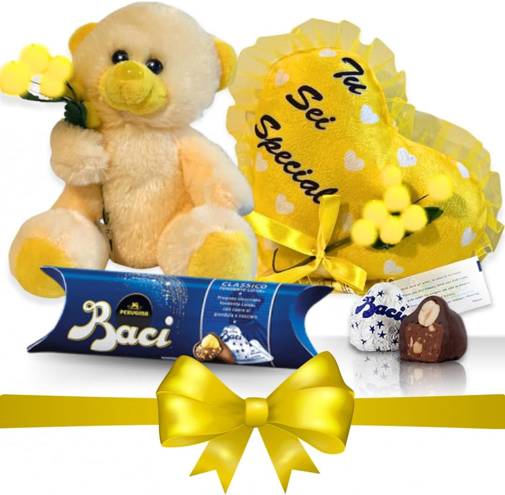 NARAMAKI® Idea Regalo Maestra - Peluche Orsacchiotto Con Mimosa Finta + Baci Perugina 37,5 + Cuscino Personalizzato a Cuore "Sei Speciale"- Regalo Mamma|Uomo|Donna