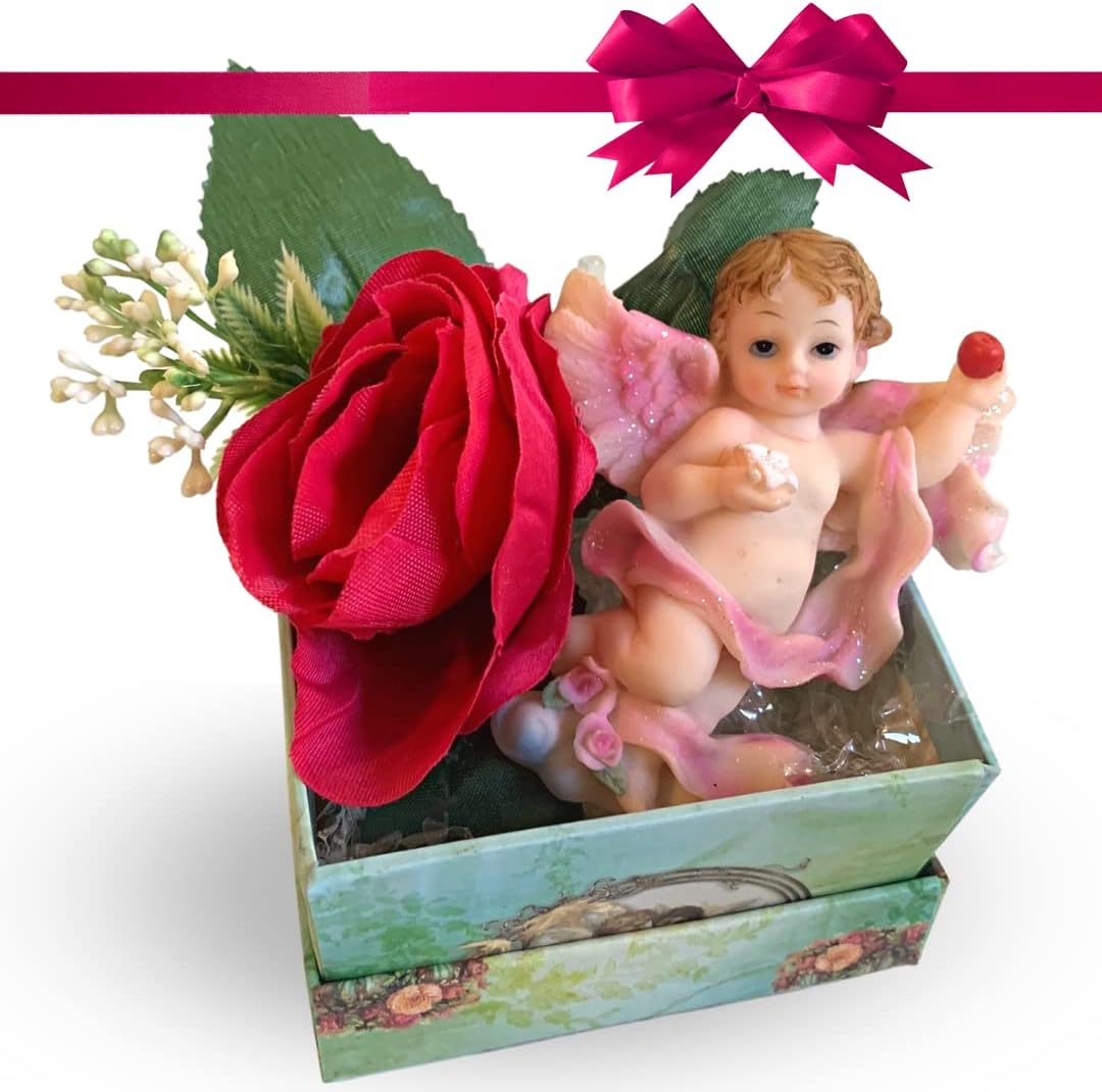 NARAMAKI® Regalo Festa della Donna 2024 - Calamita Angelo Rosa di Resina in Cofanetto con Fiore Artificiale Fucsia (ANGELO ROSA)