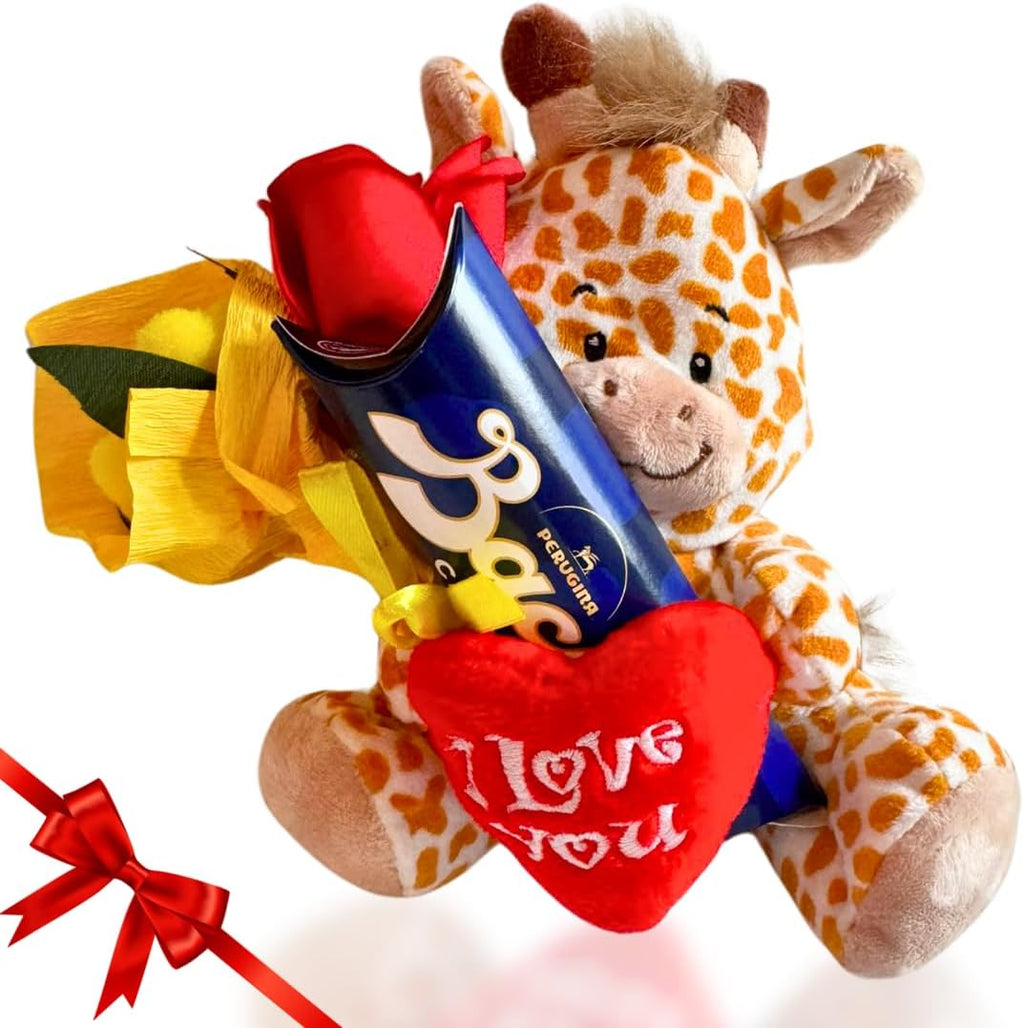 Idea Regalo Maestre - Peluche Giraffa15cm + 37,5gr Baci Perugina + Rosa Rossa + Bouquet di Mimosa - Regalo Uomo|Donna|Mamma